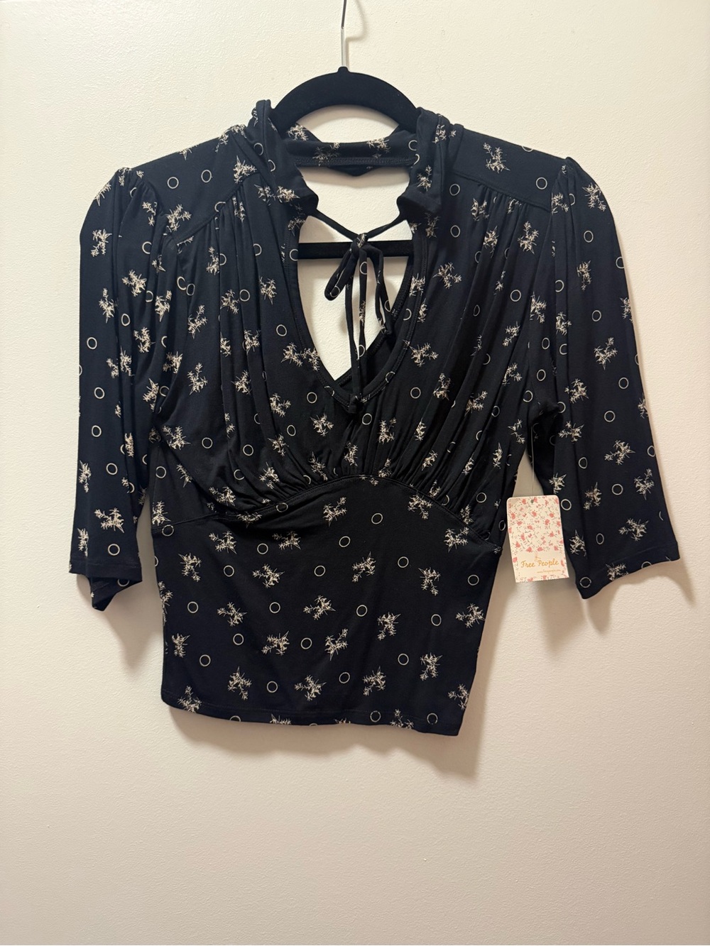 Free People Black Floral Tie-Back V-Neck Blouse with Circle Print